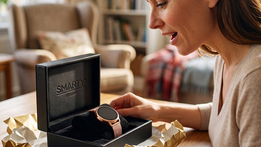 Une femme ouvre son cadeau : la montre connectée L'Épurée or rose dans son écrin