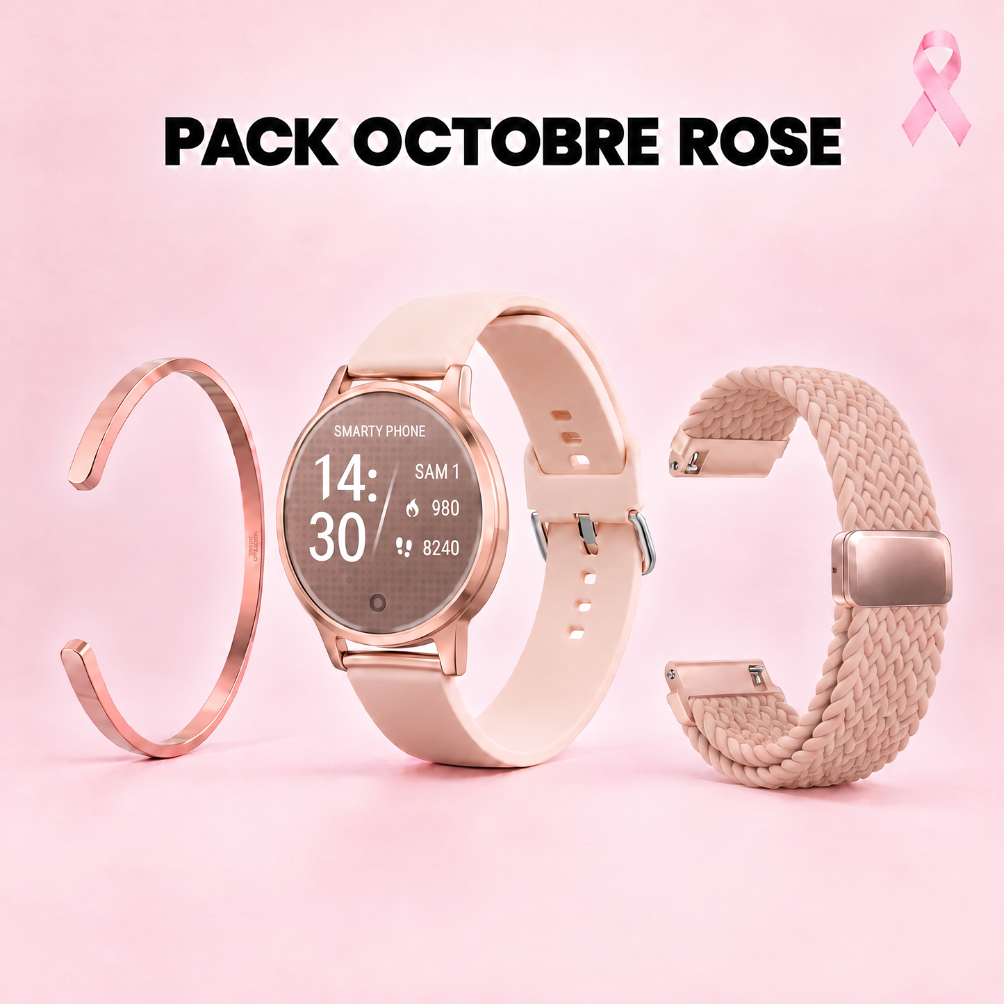 Pack Octobre Rose : montre or rose, jonc et bracelet tressé